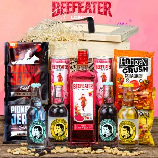 Dárková bedna s páčidlem Gin Beefeater Pink | Standardní víko, Víko s gravírovaným textem, Víko s vánočním motivem