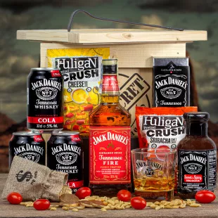 Dárková Bedna s páčidlem Jack Daniel's Fire | Standardní víko, Víko s gravírovaným textem, Víko s vánočním motivem