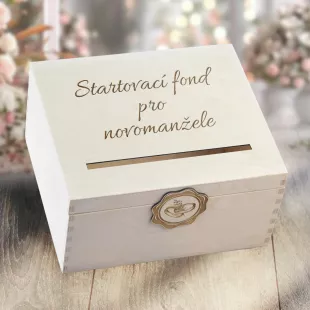 Dřevěná pokladnička pro novomanžele s gravírováním na míru 29×25×15 cm | Bez obrázku (bez přílohy), Můžete nám poslat i obrázek s vaší představou (Obrázek přidáte po vložení do košíku)