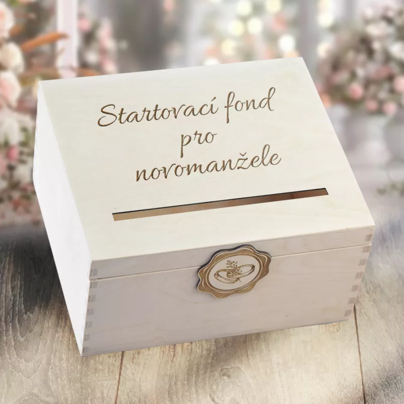Dřevěná pokladnička pro novomanžele s gravírováním na míru 29×25×15 cm CONTRABAND.ZONE