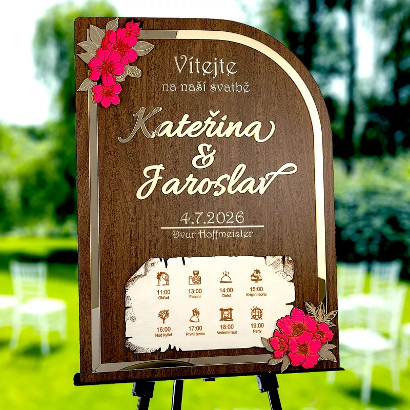 Svatební Uvítací Cedule Ořech - Zlatá