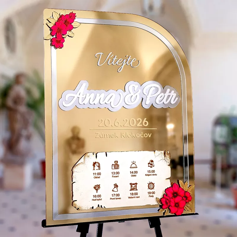 Svatební Uvítací Cedule Zlatá Zrcadlo