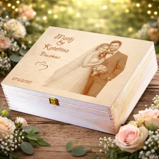 Svatební vzpomínková krabička s gravírovanou fotografií 36x30x10 cm